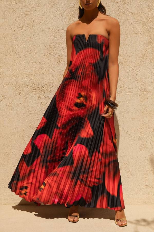 For Every Occasion Satin Pleated Floral Print V-wire Bandeau Neck Maxi Dress