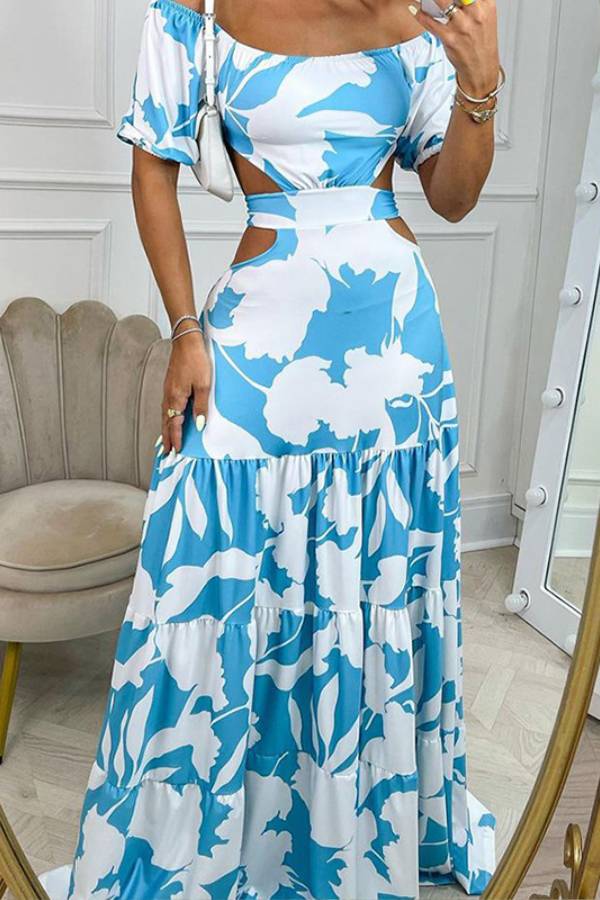 Beach resort style printed waist-baring dress