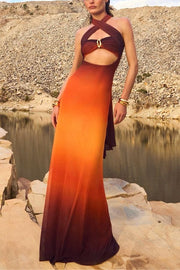 Like Sunset Mesh Gradient Metal Detail Cutout Halter Stretch Maxi Dress