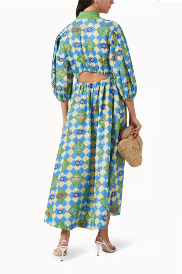 Travel Around The World Unique Print Balloon Sleeve Belt Shirt Midi Dress