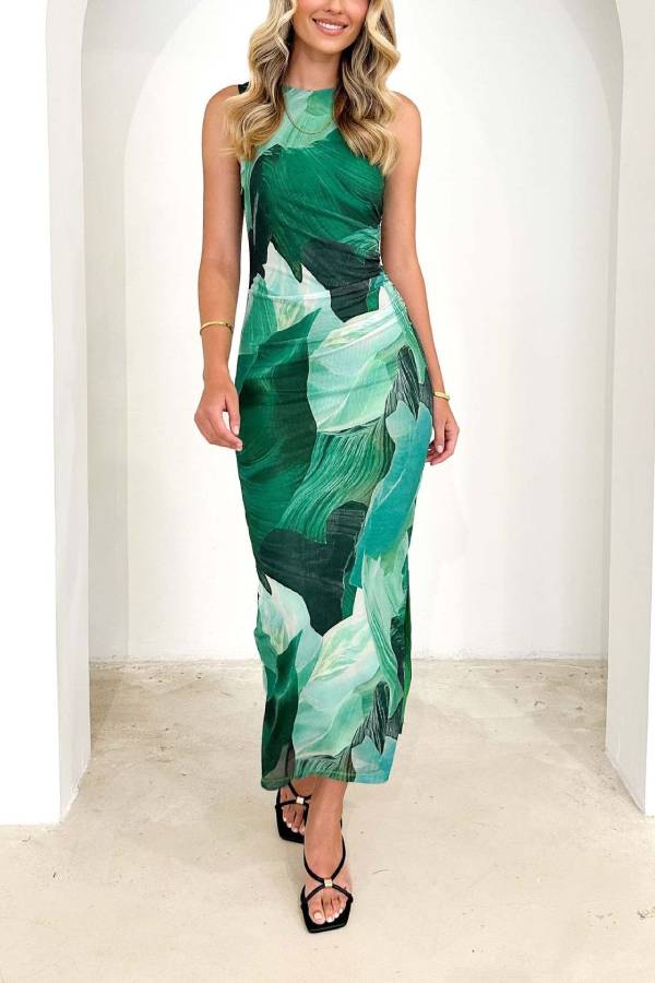 Art Print Sleeveless Fitted Maxi Dress