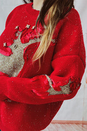 Christmas Pattern Knitted Crew Neck Long Sleeved Sweater