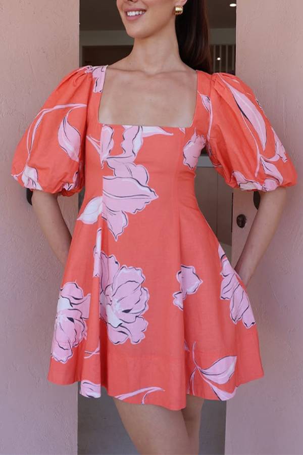 Square Neck Puff Sleeve Floral Print Waist-Cinched Flare Mini Dress