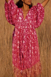 Bohemian Puff Sleeve Floral Print Loose Dress
