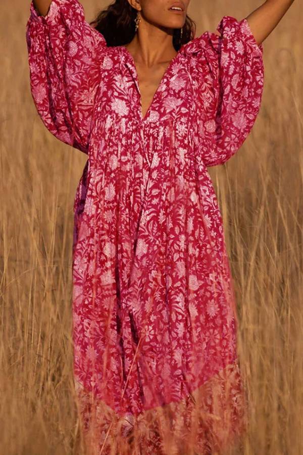 Bohemian Puff Sleeve Floral Print Loose Dress