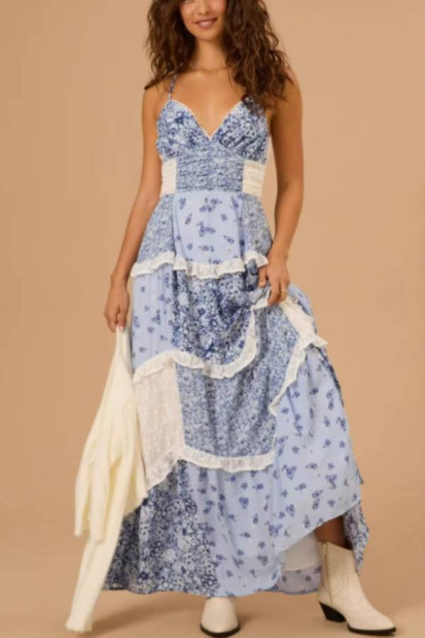 Floral Patchwork Ruffle Cami Maxi Dress