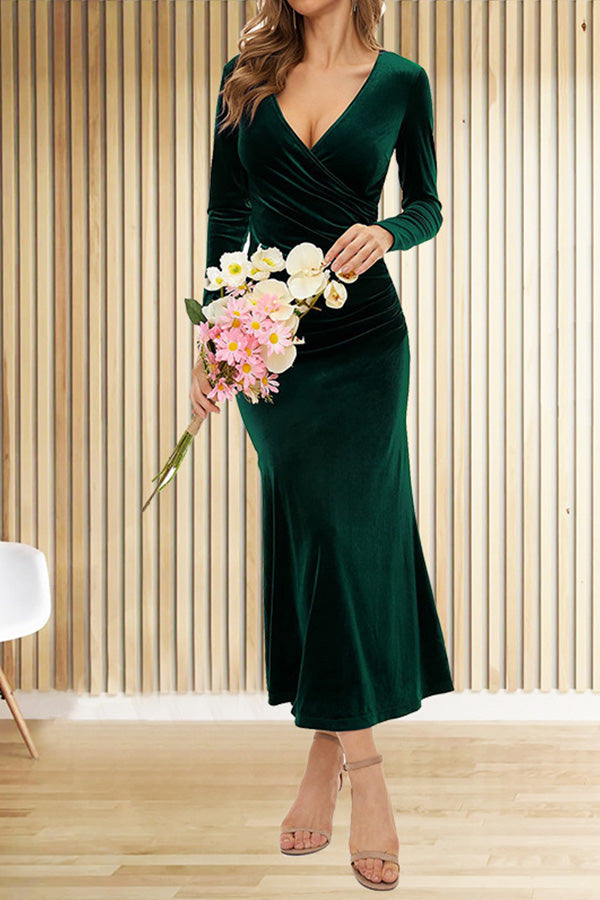 Velvet V-neck pleated hip skirt elegant fishtail slim dress evening dress