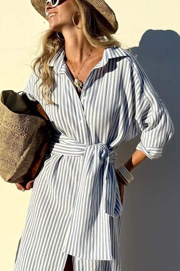All-match Striped Button Up Half Sleeve Belted Pocket Shirt Midi Dress