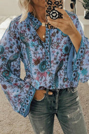 Retro floral and bird print bell sleeve V-neck top