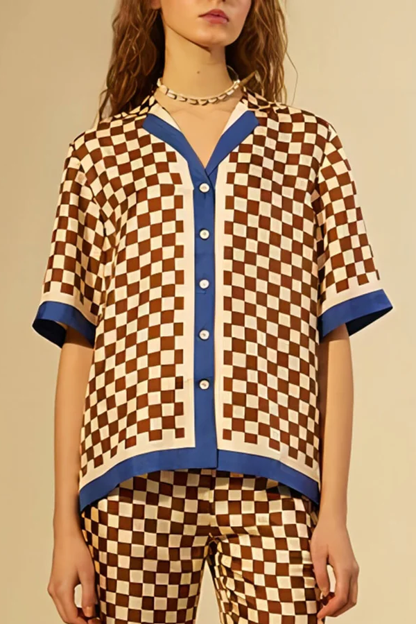 Unique Checkerboard Print Blue Stripe Patchwork Loose Top