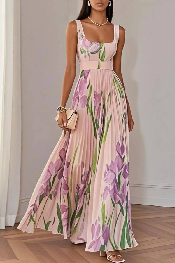 White Pleated Floral Chiffon Square Neck Sleeveless A-Line Maxi Dress
