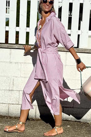 All-match Striped Button Up Half Sleeve Belted Pocket Shirt Midi Dress