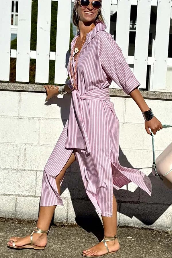 All-match Striped Button Up Half Sleeve Belted Pocket Shirt Midi Dress