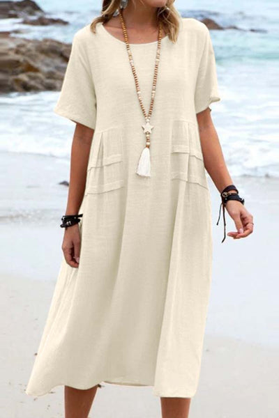 Summer loose casual cotton and linen solid color round neck short-sleeved mid-length dress