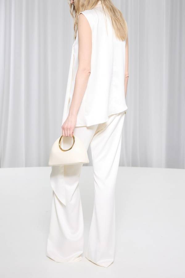 Simply Luxe Satin High Neck Irregular Hem Top and Elastic Waist Flare Loose Pants Set
