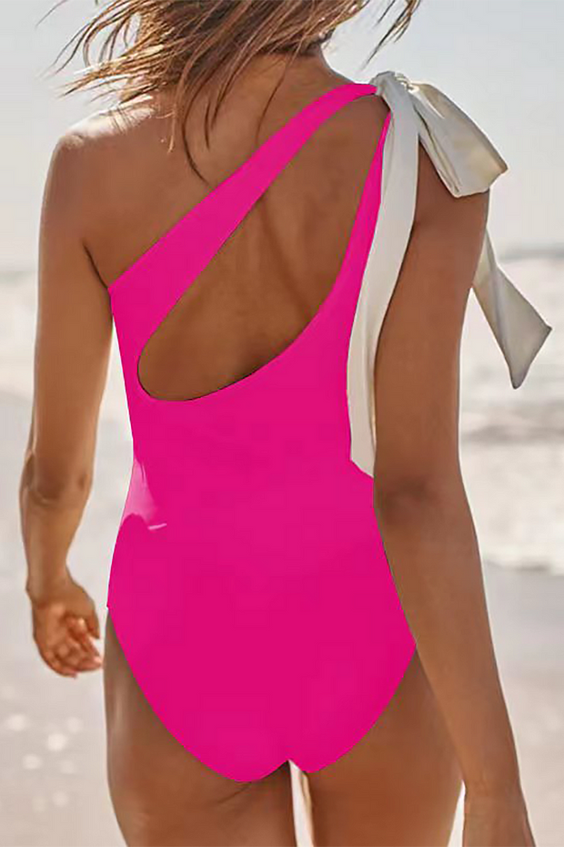 One Shoulder Tie Up Bow Backless Plain One-Piece Swimsuit