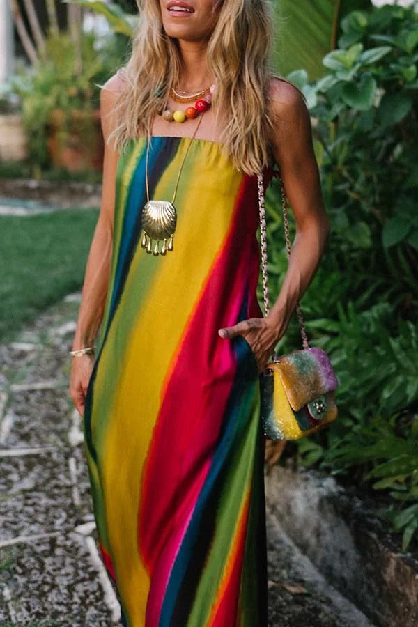 Artistic Rainbow Satin Watercolor Print Off Shoulder Pocketed H-line Maxi Dress