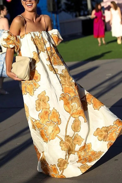 Floral Print Suspenders Puff Sleeves Loose Pocket Holiday Maxi Dress