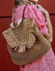 Caramel Fringed Trim Woven Straw Backpack