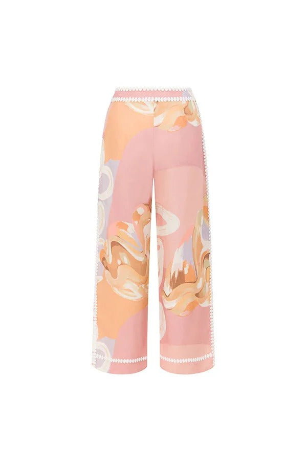 European Summer Linen Blend Ric Rac Trims High Rise Pocket Loose Pants