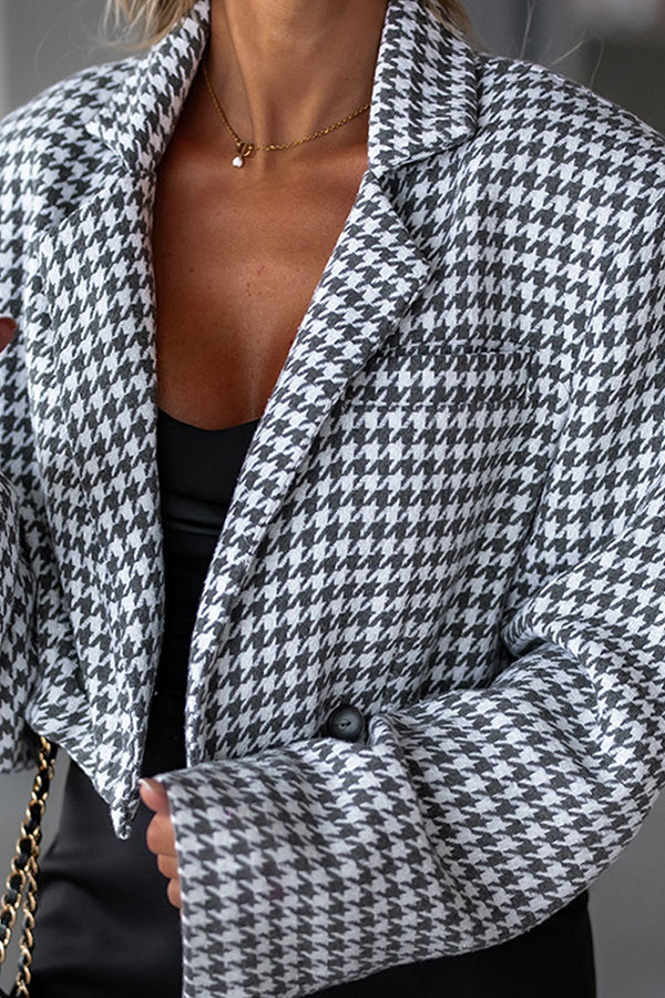 Stylish Look Houndstooth Padded Shoulder Pocket Crop Blazer Jacket