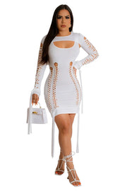 KNIT HOLLOW OUT OFF SHOULDER LONG SLEEVE BODYCON FRINGED WHITE MINI DRESSES