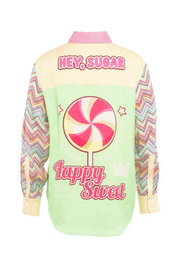 Joyful Fun Look Satin Candy Print Button Down Pocket Oversized Blouse