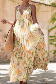 Vacation Casual Loose Tie-Dye Floral V-Neck Waist slimming Midi Dress