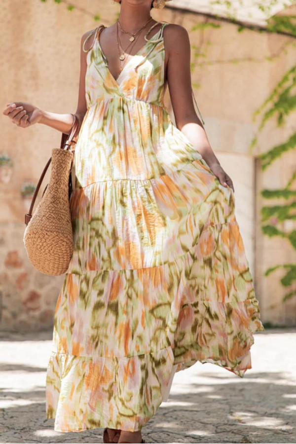 Vacation Casual Loose Tie-Dye Floral V-Neck Waist slimming Midi Dress