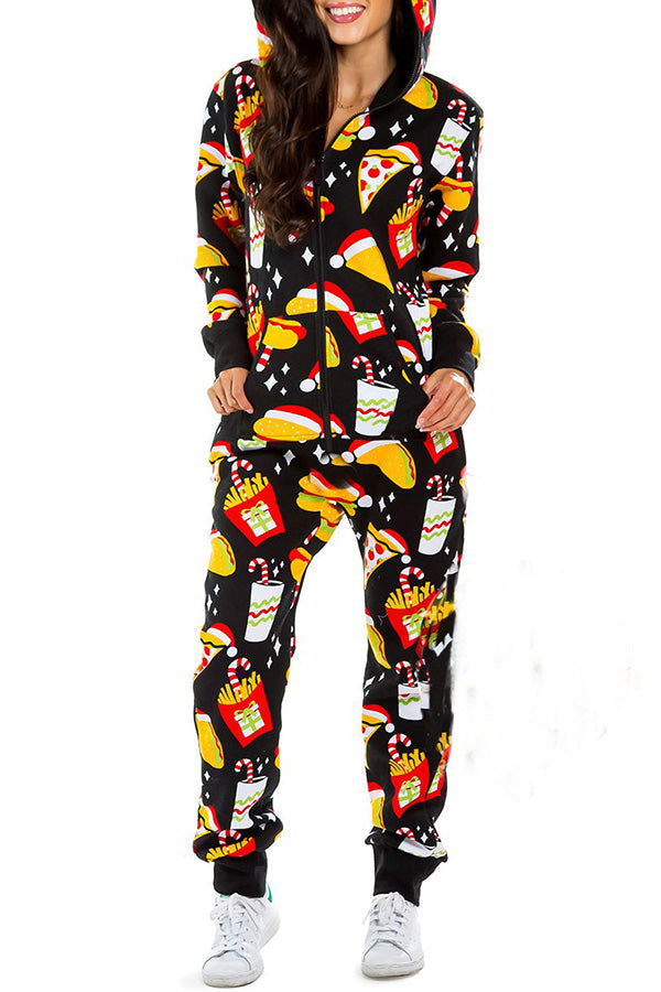 Christmas Print Zipper Pocketed Hooded Loungewear Jumpsuit