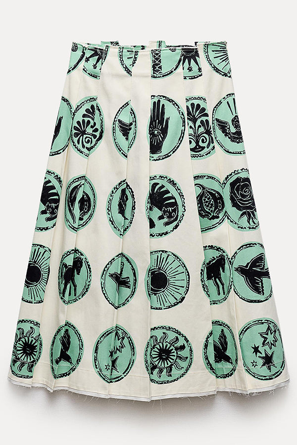 Unique Printed Sexy V-neck Back Gathered Top and Midi Skirt Set