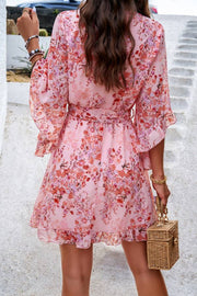 Printed V-neck lantern sleeve fitted waist dress