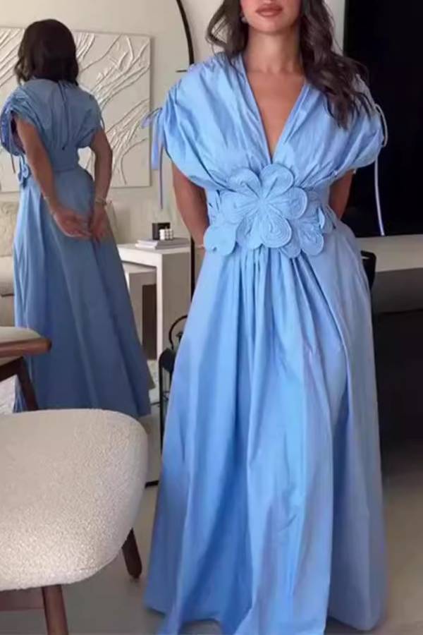 3D Floral Embellished Puff-Sleeve V-Neck Long Dress