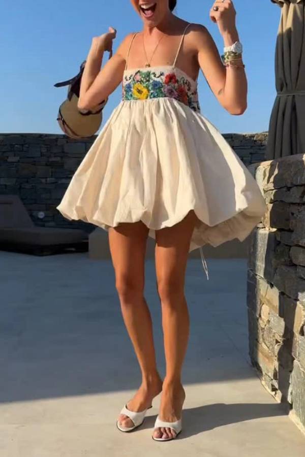 Exquisite Printed Suspender Lantern Mini Dress