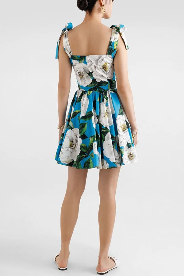 Fresh and Romantic Floral Print Square Neck Knotted Straps Mini Dress