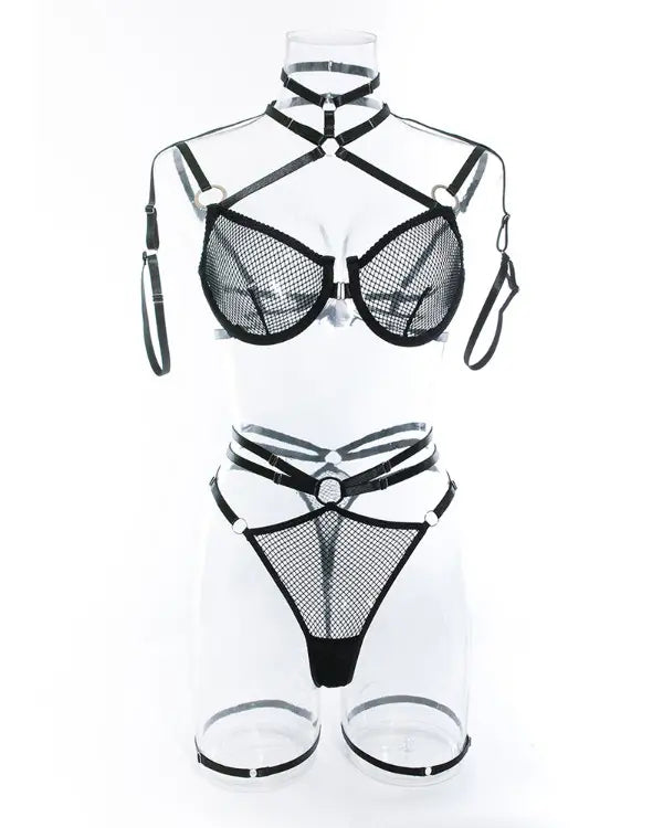 Fishnet Design O-Ring Decor Lingerie Set