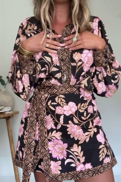 Bohemian print lace-up two-piece suit
