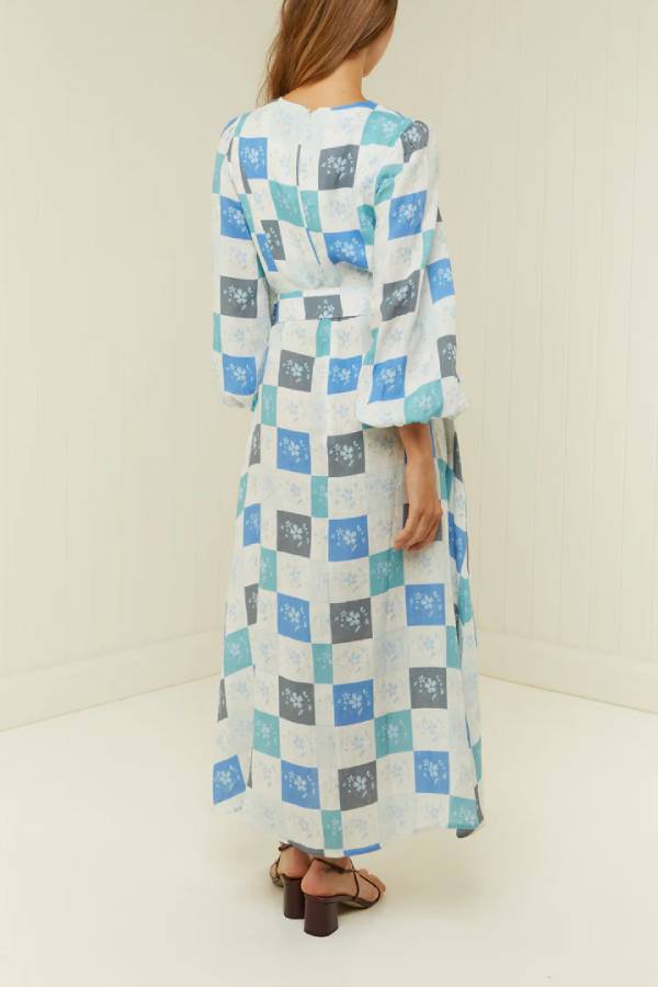 Blue Floral Tile Print Eyelet Belt Mid Sleeve Maxi Dress