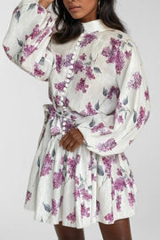 Retro Print Stand Collar Lantern Sleeve Fitted Waist Dress