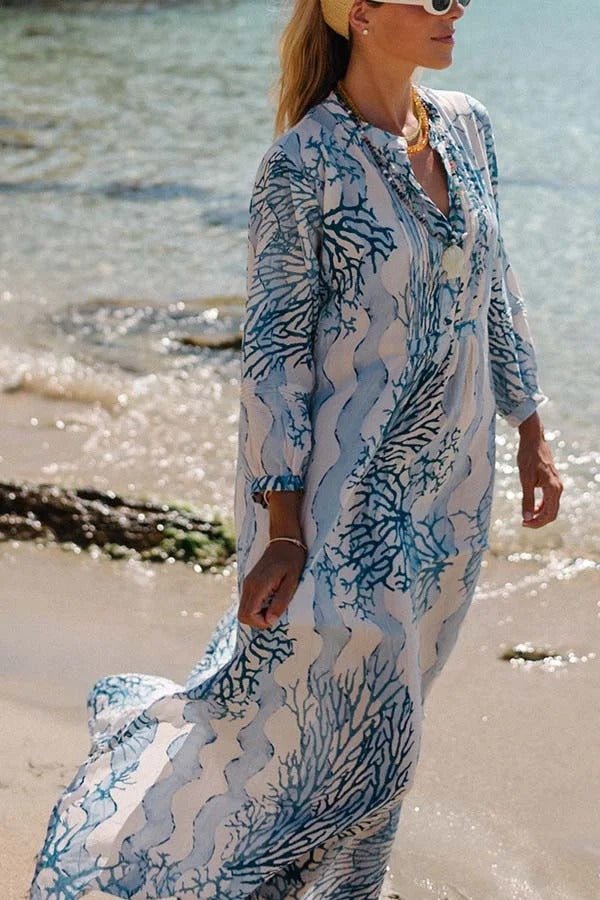 Quiet Sea Unique Print Pleated Neck Long Sleeve Slit Kaftan Maxi Dress