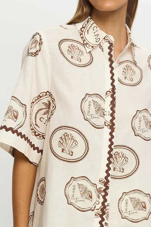 Resort Style Print Lapel Short Sleeve Shirt and Casual Mini Skirt Set