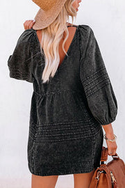 Black Dark Wash Empire Waist V Neck Denim Dress