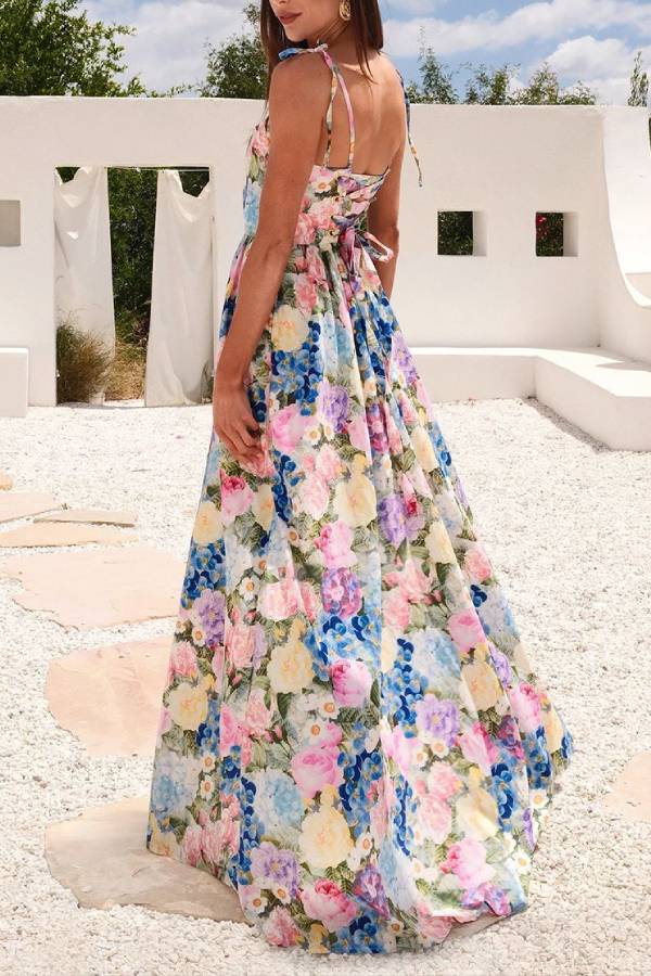 Spaghetti Strap Tie-Back Floral Print Waist-Cinched Maxi Dress