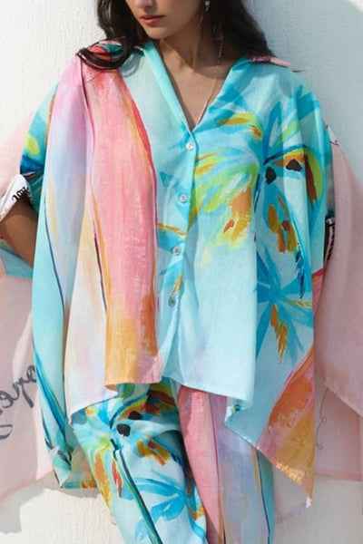 Unique oil painting coconut tree print bat sleeve shirt