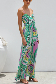 Unique Printed Suspender Back Pleated Pocket Wide-leg Jumpsuit