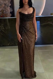 Glitzy Gala Sequin One Shoulder Ruched Slit Maxi Dress