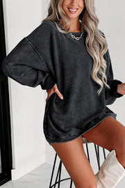 Solid Ribbed Round Neck Pullover Sweatshirt