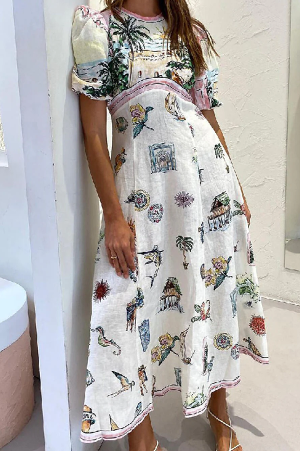 Ethnic Feature Printed Style Round Neck Midi Dress