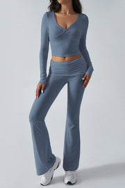 Women's Solid Color Simple Long Sleeve V-Neck Top And Trousers Knit Two-Piece Set