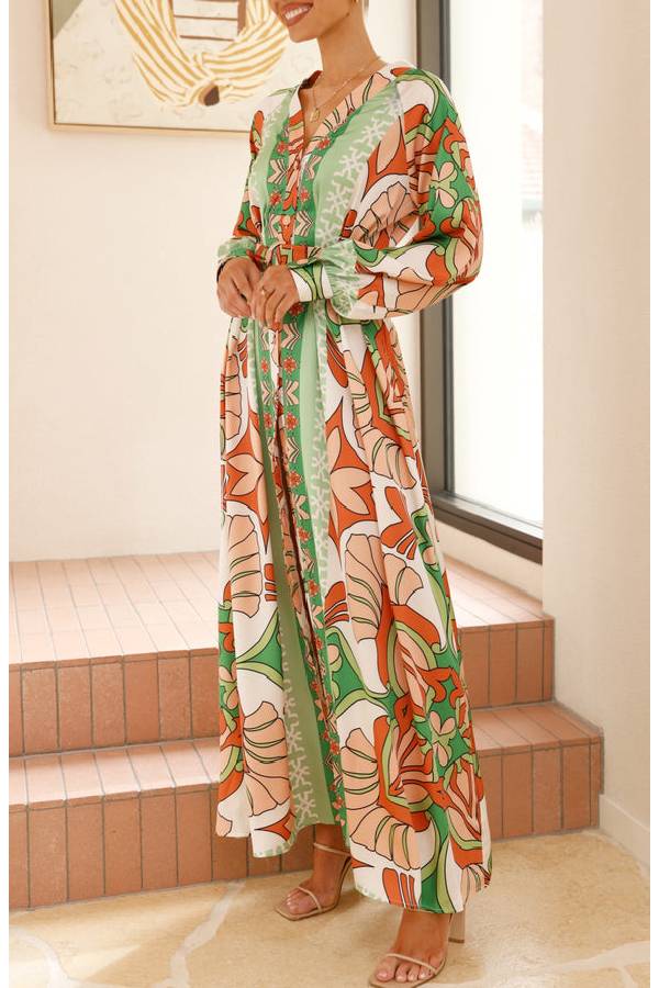 Autumn Maxi Dress - Orange/Green Print